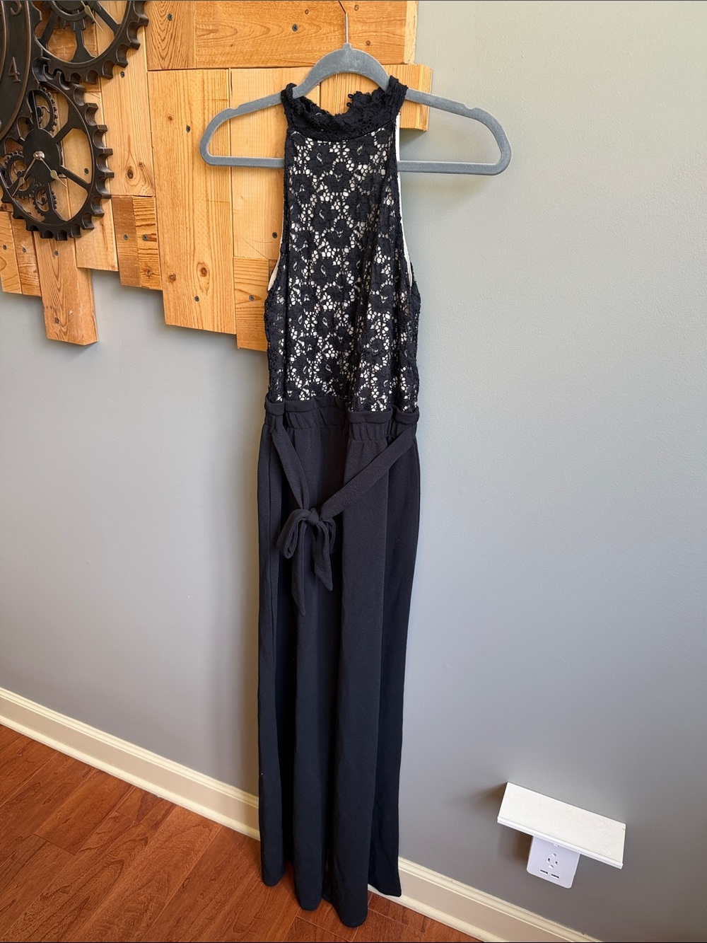 Black Lace Halter Jumpsuit with Tie Waist